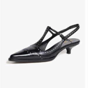 YDN Black Pointy Toe Kitten Heel Slingback Pumps T-Strap Buckle Low Heels Shoes
